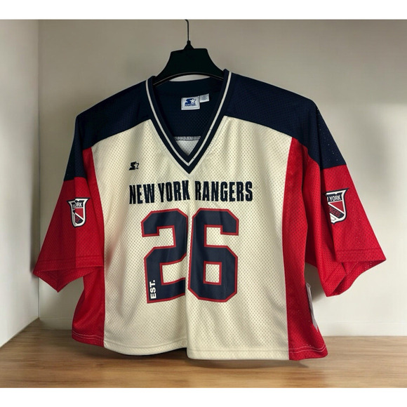 NWT Starter x New York Rangers Crop Top Jersey V-Neck Patch Embroidered Boxy M - Picture 1 of 9